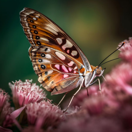 An AI- generated illustration of A vibrant butterfly perched atop a pink flowerの素材