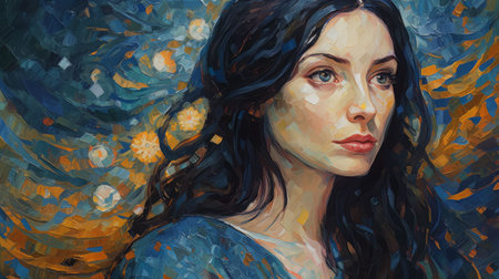 An AI generated illustration of an oil painting of a beautiful woman against a mosaic backgroundの素材