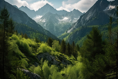 An AI generated illustration of a beautiful mountain range, with a clear blue sky and snow on the mountainsの素材