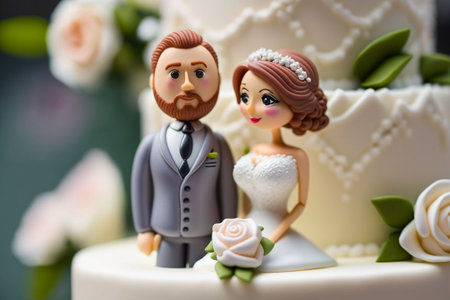 An AI generated illustration of two ceramic figurine cake toppers, featuring a groom and brideの素材