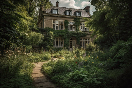 An AI generated illustration of an old, derelict house standing in a lush, green landscapeの素材