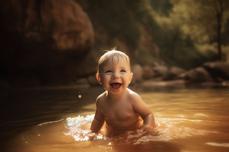 An AI generated illustration of a smiling young child swimming in a river with splashing wavesの素材