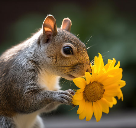 An AI-generated illustration of a gray squirrel with bright yellow flowers.の素材