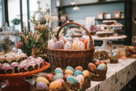 An AI generated image of different Easter eggs with decorations on tableの素材