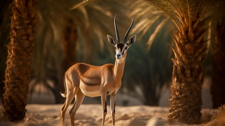 Arabian sand gazelle in its natural habitat, grazing in a desert oasis surrounded by palm trees and other desert flora, AI generatedの素材