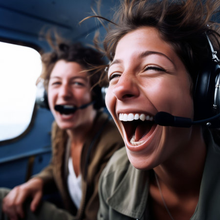 An AI generated illustration of two cheerful friends sitting in an airplane in headsets having funの素材