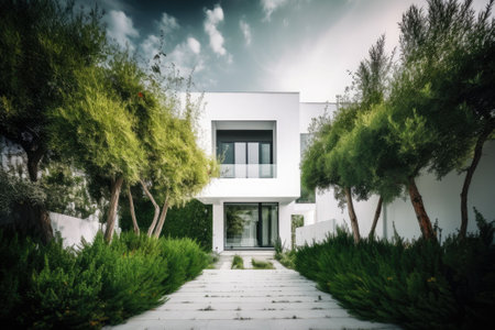 An AI generated illustration of a luxurious white home surrounded by lush trees and bushesの素材