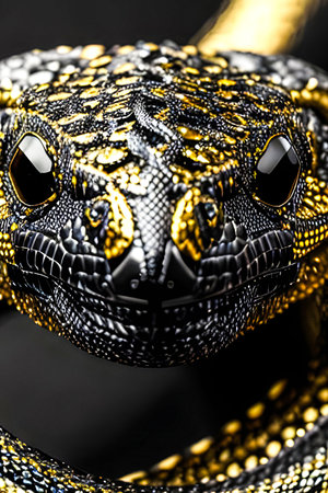 An AI-generated illustration of a close-up of a gold-colored snake with a striking black and gold head.の素材