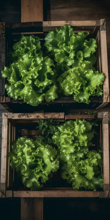 An AI generated illustration of lettuce in wooden cratesの素材