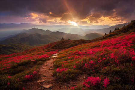 An AI generated illustration of an idyllic valley filled with lush greenery, colorful flowers, and majestic mountains at sunsetの素材