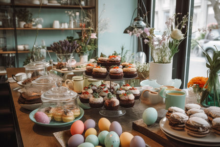 An AI generated image of different Easter eggs with decorations on tableの素材