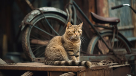 An AI generated illustration of a cat sitting in a garage and a bicycles in the backgroundの素材