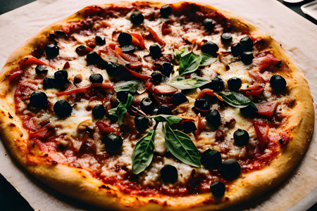 An AI-generated illustration of a freshly cooked pizza with olives and green basil leaves.の素材