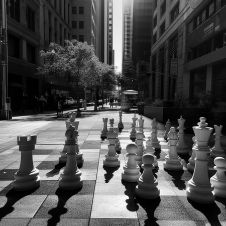 An AI generated illustration of a large chess set featuring life-size pieces is displayed in a bustling urban streetの素材
