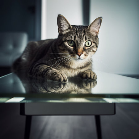 An AI generated illustration of Silhouette of a domestic cat perched atop a glass table in a dark room illuminated by a single light sourceの素材