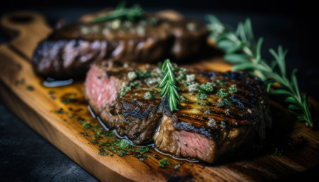 An AI generated illustration of delicious steak with rosemary in the kitchenの素材