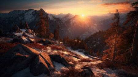 An AI-generated illustration of a majestic mountain range illuminated by the golden rays at sunset.の素材