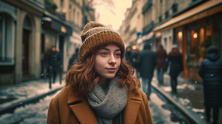 An AI-generated illustration of a ginger girl in a winter outfit standing in the middle of a street.の素材