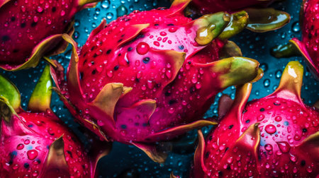 Dragon fruits, bright fruit berry, usually red or yellow in color with green petals, AI generatedの素材