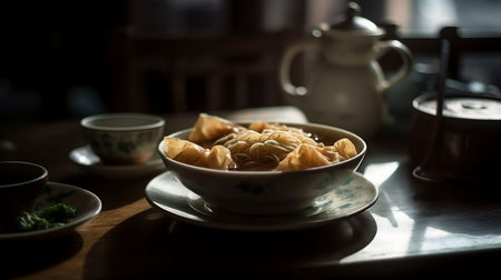 An AI generated illustration of a bowl of delicious dumpling soup on the tableの素材