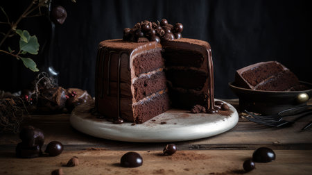 An AI generated illustration of a delicious creamy chocolate cake with a slice missingの素材