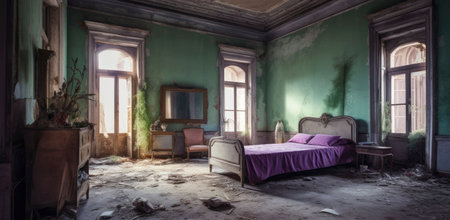 An AI generated illustration of a derelict bedroom with a purple bed and two dressers on either sideの素材