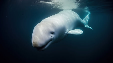 An AI generated illustration of a white whale with a long snout swimming underwater against a light blue backgroundの素材