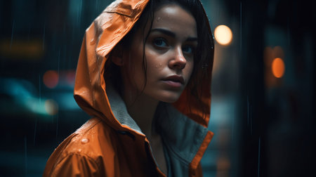 An AI generated illustration of a young woman stands in the rain, gazing into the cameraの素材