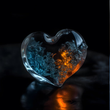 An AI generated illustration of a glass heart, with a burning flame inside and a layer of waterの素材