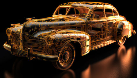 An AI generated illustration of an antique car constructed from golden metal wires on a dark backgroundの素材
