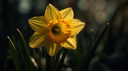 An AI generated illustration of a yellow wild daffodil flower with water droplets glistening on its petalsの素材