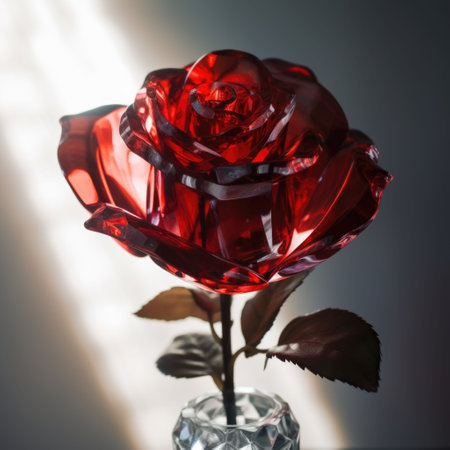 An AI generated illustration of a red glass rose sparkling in the warm daylightの素材