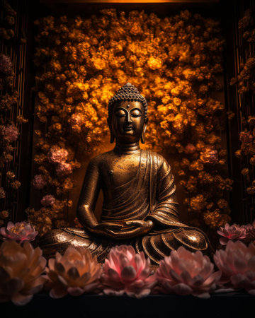 An AI generated illustration of a golden Buddha statue with a large flower bed on the wallの素材