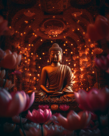 An AI generated illustration of a Buddha statue surrounded by lit candles and a bed of vibrant flowersの素材