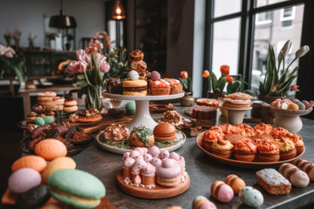 An AI generated image of different Easter eggs with decorations on tableの素材