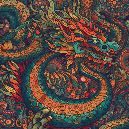 An AI generated illustration of a vibrant image featuring an intricate dragon in the center surrounded by an array of swirling oriental designsの素材