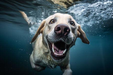 An AI generated illustration of a cheerful Labrador Retriever Dog Underwaterの素材
