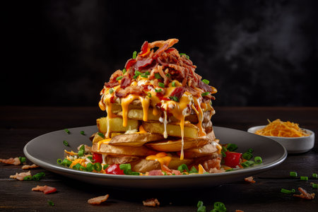 An AI generated illustration of french fries topped with melted cheese, crispy bacon, and freshly chopped green onionsの素材
