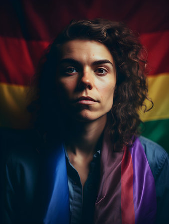 An AI generated illustration of A young woman standing confidently in front of a rainbow flagの素材