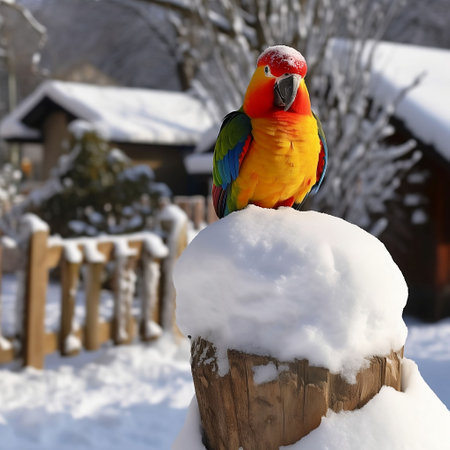 An AI generated illustration of a colorful parrot perched on a log in a wintery snow-covered forestの素材