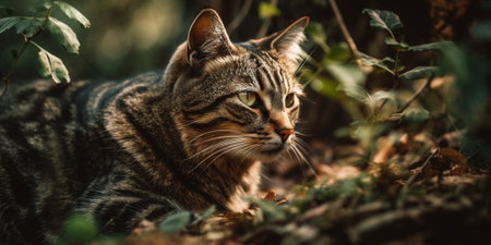 An AI-generated illustration of a tabby cat enjoying the outdoors in a grassy areaの素材