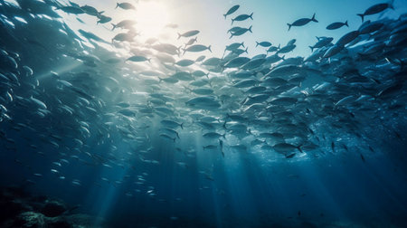 An AI generated illustration of a school of fish swimming in bright blue watersの素材