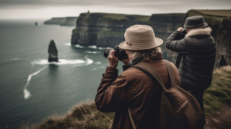 An AI generated illustration of Photographers taking pictures at the cliffs and oceanの素材