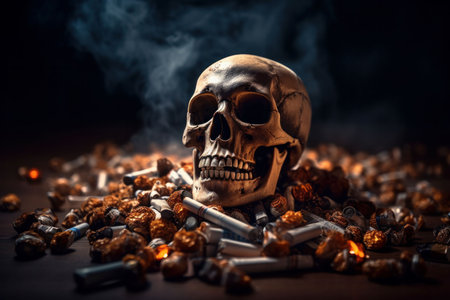An AI generated illustration of a skull on a pack of cigarettes with a plume of smokeの素材