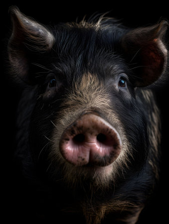 An AI generated illustration of a wild boar portrait under the lights against a black backgroundの素材