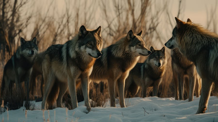 An AI generated illustration of a pack of wolves in a snowy landscape surrounded by treesの素材