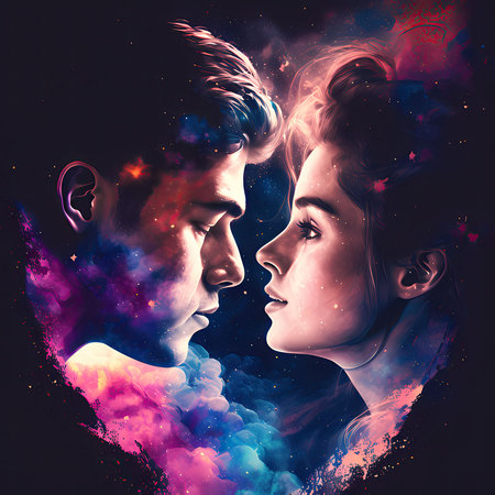 An AI generated illustration of a young cosmic couple tenderly looking at each otherの素材
