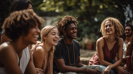 An AI-generated illustration of a diverse group of young adults laughing and socializing together.の素材