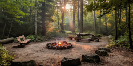 An AI-generated illustration of a campfire in a forest covered in greeneryの素材