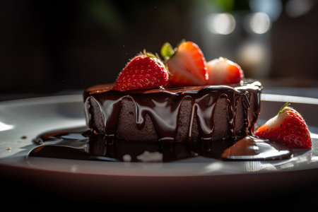 An AI generated illustration of a delicious chocolate cake adorned with fresh strawberries drizzled with sweet syrupの素材